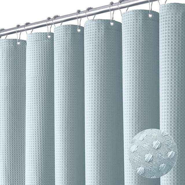 Dynamene Fog Blue Fabric Shower Curtain - Waffle Weave Textured Heavy Duty Cloth Shower Curtains for Bathroom, 256GSM Hotel Luxury Weighted Bath Curtain Set with 12 Plastic Hooks,72x72, Fog Blue