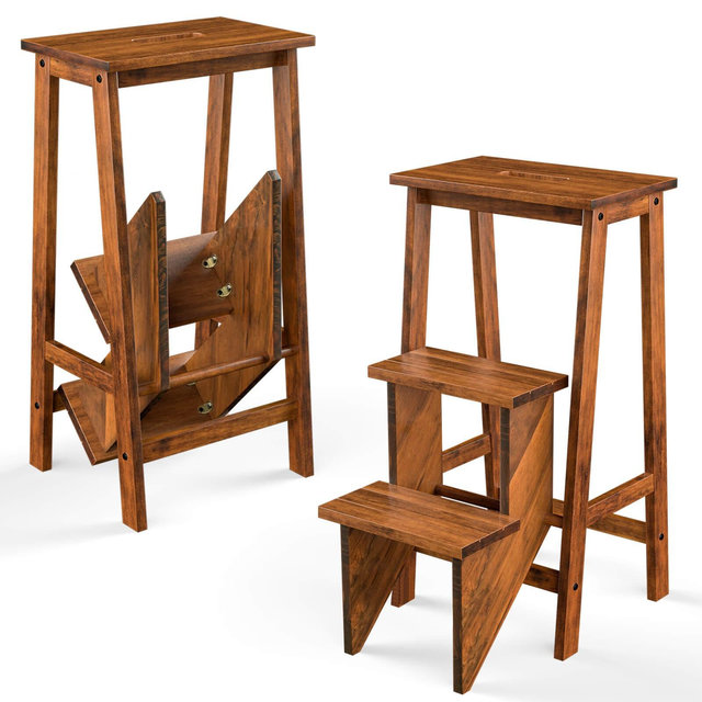 Costway 3-in-1 Rubber Wood Ladder 3 Tier Folding Step Stool Brown Coffee