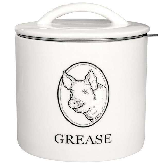 The Fair Collection Bacon Grease Saver with Strainer - Food-Grade Ceramic Hot Grease Container with Lid - Heat Resistant White Ceramic Canister for Bacon Fat Storage - Kitchen Must Have - 24 Oz