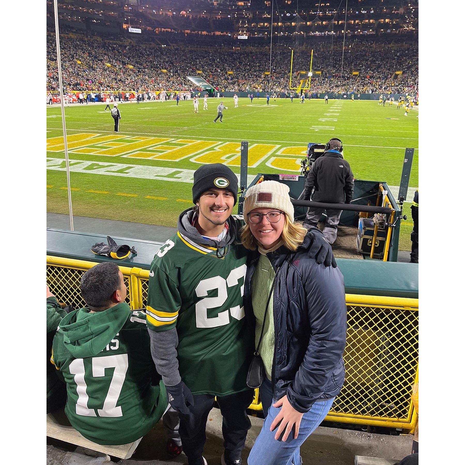 Surprise! Amanda got Maxwell tickets to a Packers game for his 21st birthday. We decided to freeze our booties off at the Christmas Day game at Lambeau Field. Go Pack go!