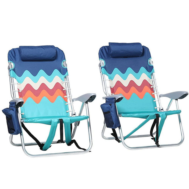 GREEN PARTY Backpack Beach Chair 2 Pack Aluminum Lightweight Folding Reclining Beach Chair with 4 Positions, Cooler Bag, Tower Bar and Armrest for Outdoor Camping Lawn, Support 250LBS, Blue