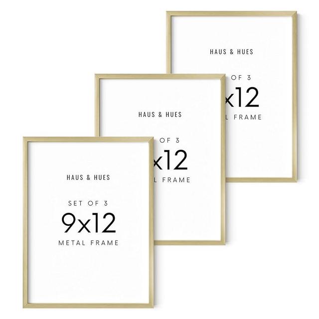 HAUS AND HUES 9x12 Gold Metal Picture Frames - Features Premium Aluminum, Vertical & Horizontal Hang, Shatterproof Plexiglass - Perfect for Home, Room, Office (9x12 in, Gold, Set of 3)