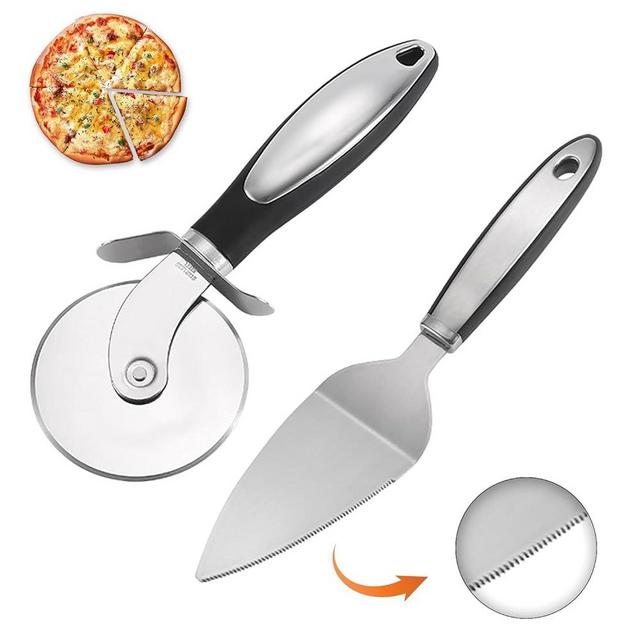 ZOSIX Pizza Cutter Wheel & Pie Server Set of 2, Stainless Steel Slicer with Sharp Blade and Ergonomic Handle, Shovel Server with Serrated Edges for Pizza, Pie, Cake