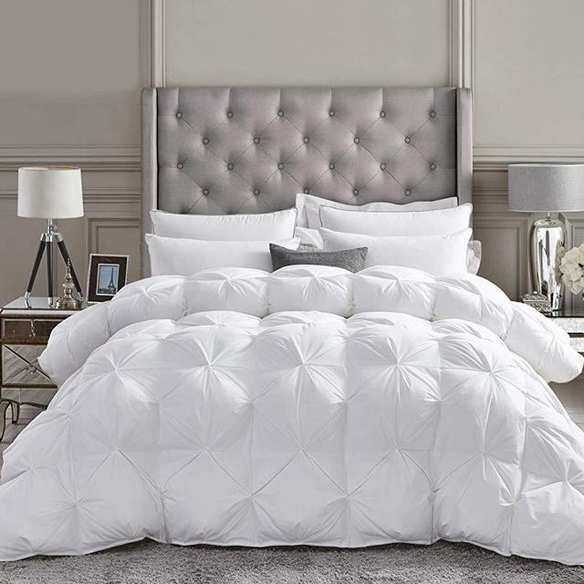 Luxurious All-Season Goose Down Comforter Queen Size Duvet Insert, Exquisite Pinch Pleat Design, Premium Baffle Box, 1200 Thread Count 100% Egyptian Cotton, 750+ Fill Power, 55 oz Fill Weight, White