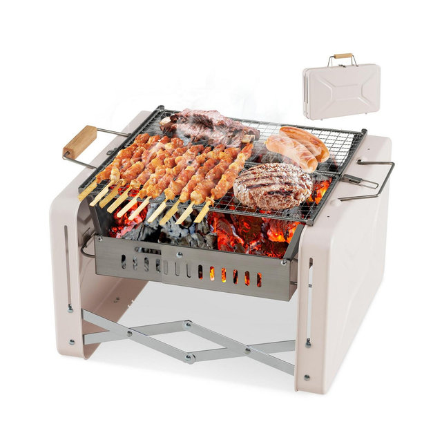 Slickblue Folding Charcoal BBQ Grill with Dishwasher-safe Grill Grids and Charcoal Box-Beige