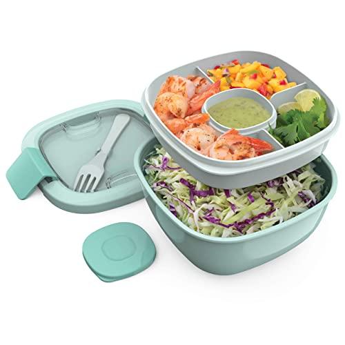 Bentgo Salad BPA-Free Lunch Container with Large 54-oz Bowl, 3-Compartment Bento-Style Tray for Salad Toppings and Snacks, 3-oz Sauce Container for Dressings, and Built-In Reusable Fork (Coastal Aqua)