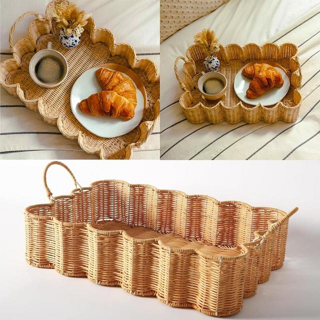 Scalloped Edge Rattan Tray Basket,17"*12"*4" Super Hard Rectangle Hand Woven Wicker Serving Tray with Handles, Seagrass Decoratve Tray for Coffee Table (Rattan-Cream Color-17 * 12 * 4")