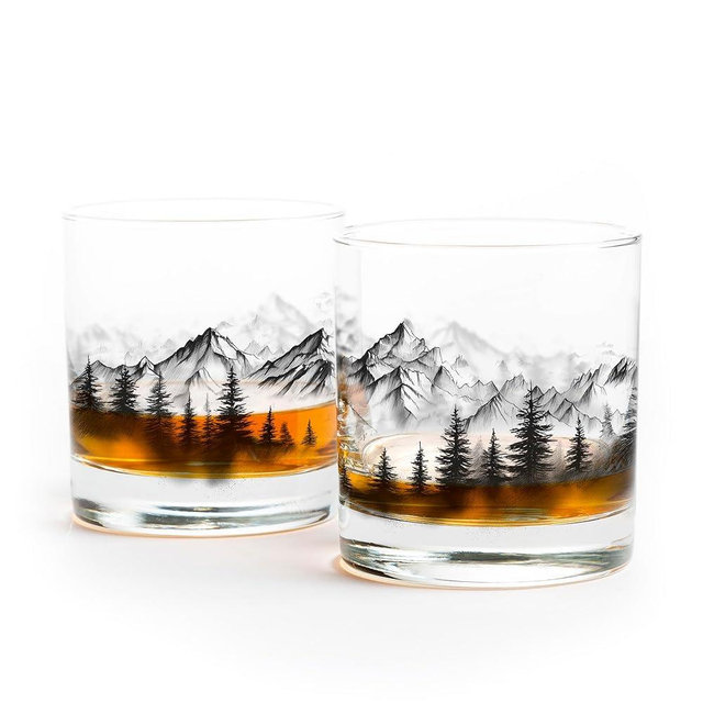 Black Lantern Whiskey Glasses Set of 2 – 11oz Heavy Base Old Fashioned Rocks Glass – Screen Printed Design with Gift Box (Mountain Mist)