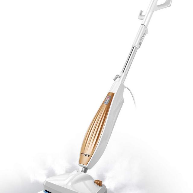 iwoly M11 Steam Mop with Handle Switch and 2 Mop Pads for Floor Cleaning, White+gold