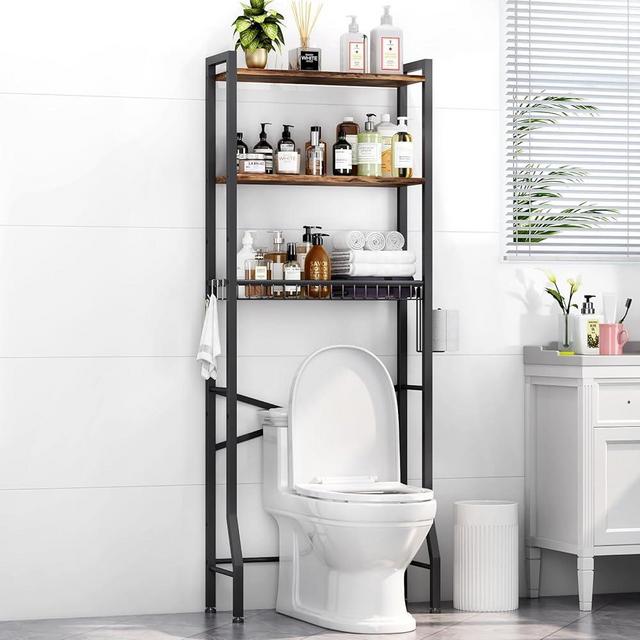 Kalrin Over-The-Toilet Storage Rack, 3-Tier Bathroom Organizer Shelf Over Toilet with Shelf and Basket, Freestanding Space Saver Bathroom Shelves Above Toilet for Room (Rustic Brown)