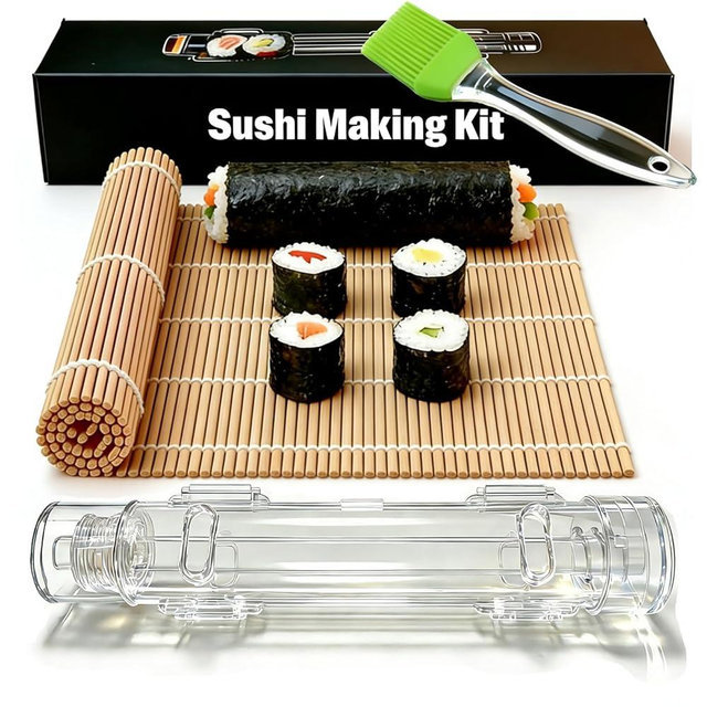 Sushi Making Kit – Clear Sushi Bazooka Roller & Bamboo Sushi Rolling Mat, Easy DIY Sushi Maker Tool Set for Beginners, Homemade Sushi Rolls for Kitchen & Party (Clear)