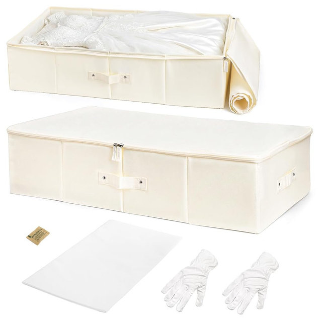 Noamus Wedding Dress Storage Box, Large Wedding Gown Preservation Box with 30 Sheets Acid Free Tissue Paper and 1 Pair Microfiber Gloves for Bridal Essentials, Heirlooms, Weddings Keepsake, Beige
