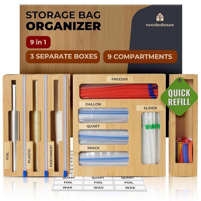 Bamboo Storage Bag Organizer, 9 in 1 Sandwich Bag Organizer - Foil and Plastic Wrap Bamboo Organizer with Labels Included by Woodenhouse