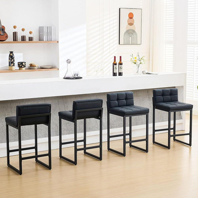 FIRAVOE Bar Stools Set of 4, PU Leather Counter Height Barstools with Low Back and Thickened Metal Legs, 26 Inch Modern Island Chairs for Kitchen Island, Bar, Counter (Black, 4Pcs 26" Bar Stools)