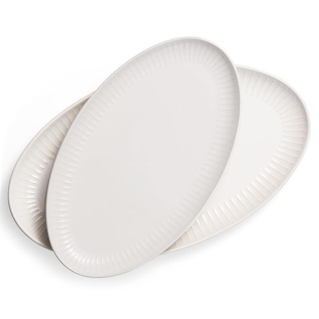 Serving Dishes, 12/14", Durable Ceramic Platters, Ribbed Rim, Oval, Microwave and Dishwasher Safe, Medium/Small, Set of 2, Powder White, Tidal Collection