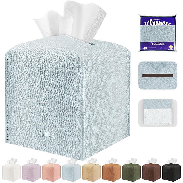 PARIERIS Tissue Box Cover Holder Square Tissue Cube Cover PU Leather Tissue Organizer with Bottom Belt for Bathroom, Tabletop, Car, Night Stands, Office, Home, Kitchen (1, Blue)