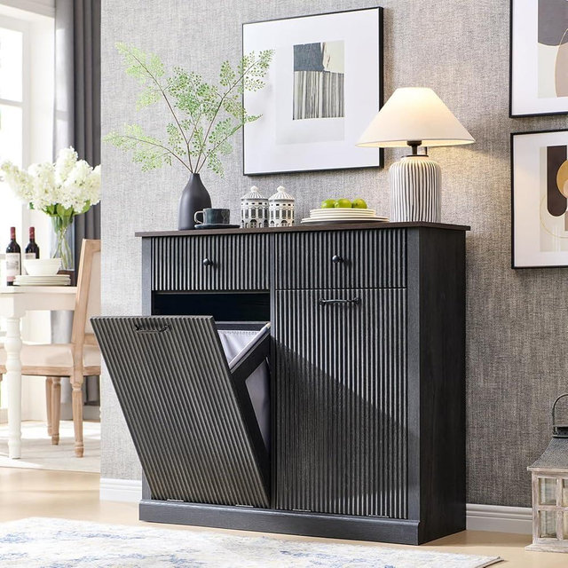 IFGET Modern Double Tilt-Out Trash Cabinet, 20 Gallon Fluted Laundry Hamper Cabinet with 2 Drawers, Wooden Hidden Garbage Can Cabinet with Storage Basket, Free Standing for Kitchen & Living Room, Grey