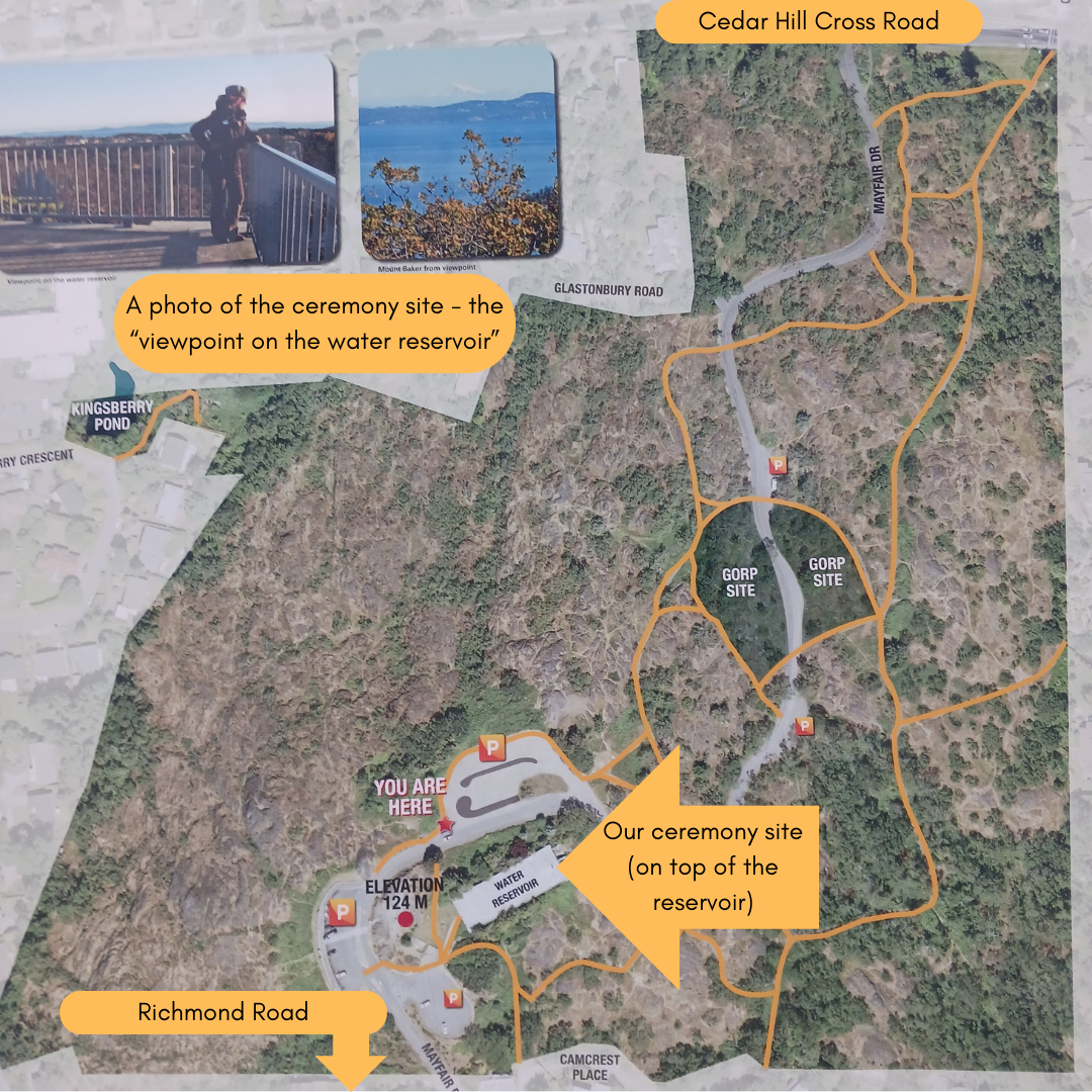 A map of the site for the ceremony at the summit of Mt. Tolmie! See the FAQs page for directions.