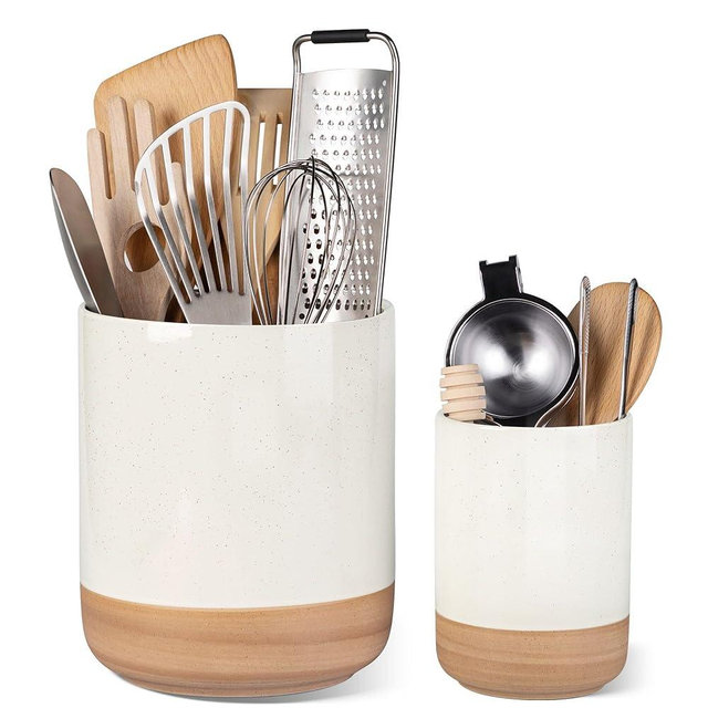 AmorArc Ceramic Utensil Holder, 7.25"+5.4" Cooking Utensil Crock for Countertop, Kitchen Countertop Organizer with Rustic Terracotta Underside for Spatula, Set of 2