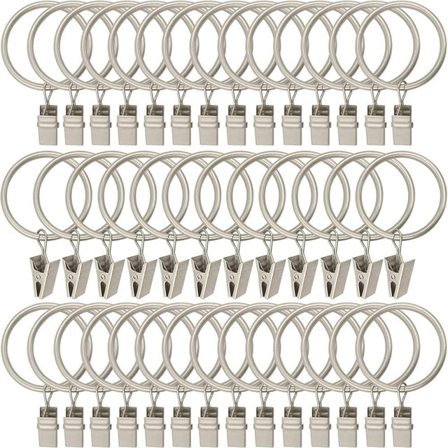 AMZSEVEN 40 Pack Metal Curtain Rings with Clips, Drapery Clips Hooks, Decorative Curtain Rod Clips 1.5 in Interior Diameter, Matte Silver