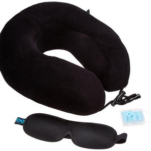 Everlasting Comfort 100% Pure Memory Foam Neck Pillow Airplane Travel Kit with Ultra Plush Velour Cover, Sleep Mask and Earplugs
