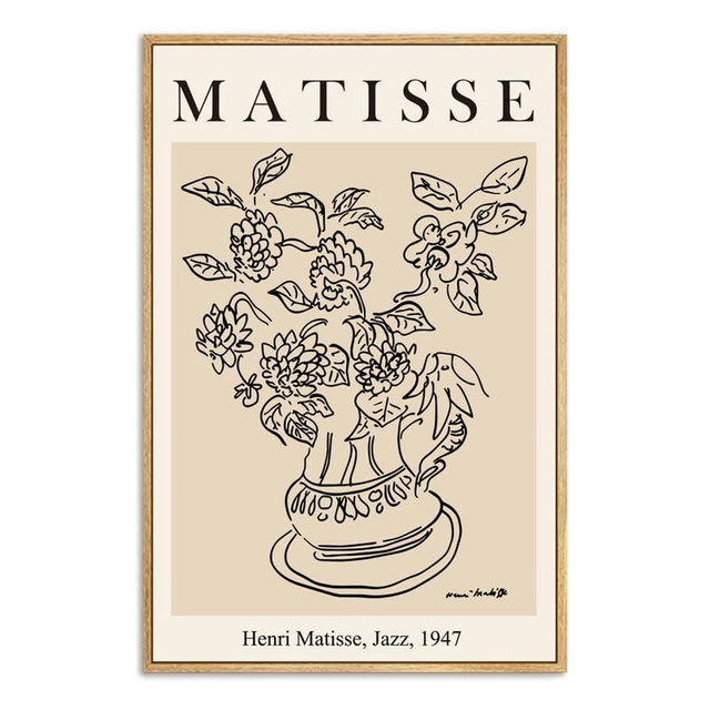 Zzuyi Henri Matisse Framed Wall Art,Flower Abstract Minimalist Black and Beige Vintage Canvas Painting,Boho Flower Art Prints-12''x16''Natural Framed