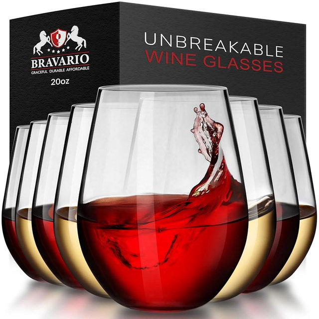 Bravario Unbreakable Stemless Plastic Wine Glasses | Reusable | Shatterproof 100% Tritan Plastic | Dishwasher-Safe | BPA-free | Awesome for Indoor & Outdoor | 20 oz, Set of 8