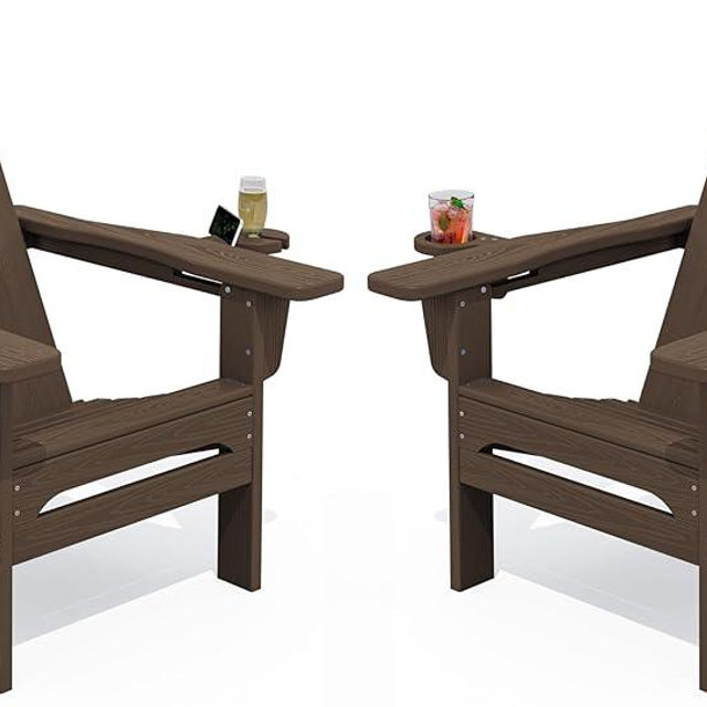 SERWALL Modern Adirondack Chairs Set of 2, Folding Adirondack Chair with Cup Holders, Outdoor HDPE Adirondack Chair for Patio Lawn Garden, Coffee