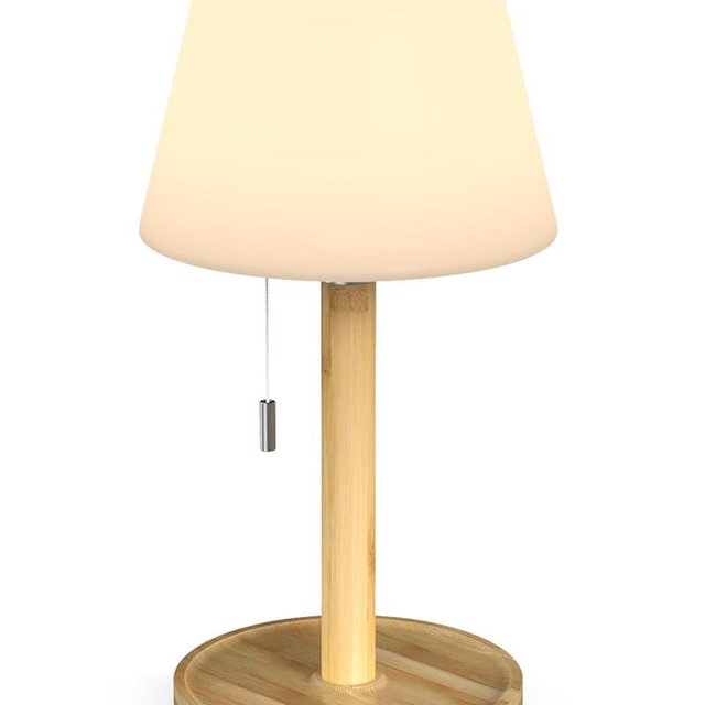 Outdoor Waterproof Table Lamp for Patio, Small Cordless Battery-Operated Lamp, Rechargeable Shower Light, 3 Lighting Modes Desk Light with Pull Chain Garden Outside Camping Bathroom, Wood Grain