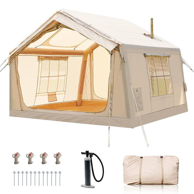 Inflatable Tents for Camping, Blow Up Tent with Hand Pump, Easy Setup Inflatable Hot Tent with Stove Jack, Waterproof Oxford Air Glamping Tents for Camping Adult 4-6 Person