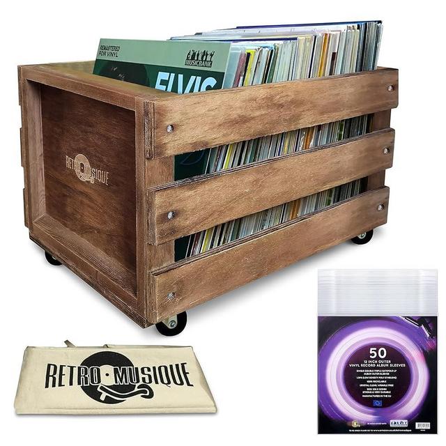 Retro musique Wooden 12” LP Vinyl Record Storage Crate on Wheels Holds up to 100 Albums (in PVC Sleeves) with Hessian Cloth Cover Includes 40 Vinyl Record Outer Sleeves (Oak Finish)