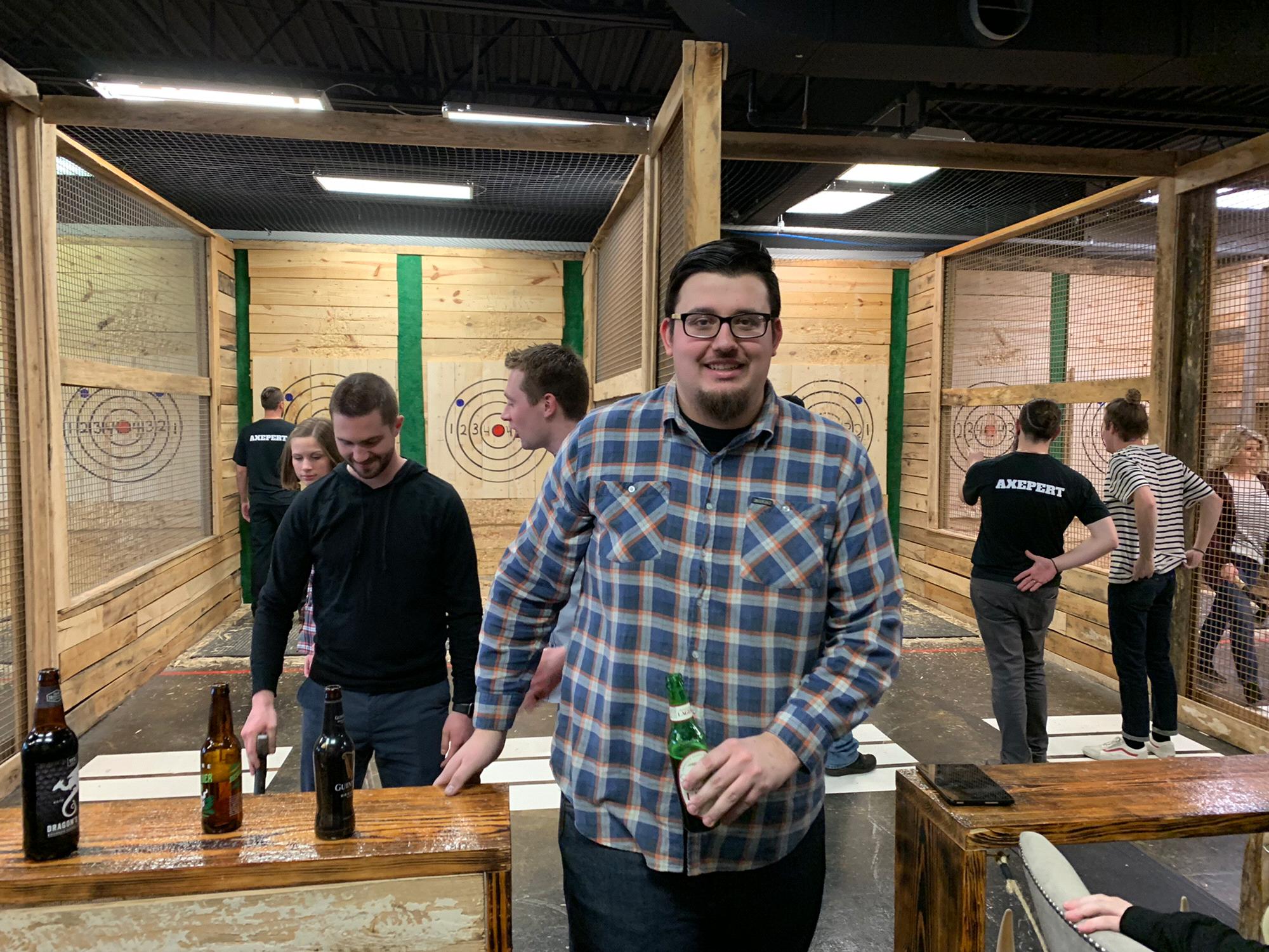 The guys came down to get fitted for their attire and decided to have some fun throwing axes