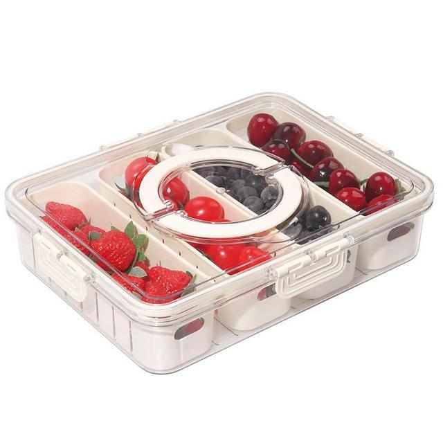 Artendjoon Divided Serving Tray with Lids,Handle&4Removable Colanders,Snackle Box Charcuterie Container for Portable Snack Platters (4 Short Compartments)