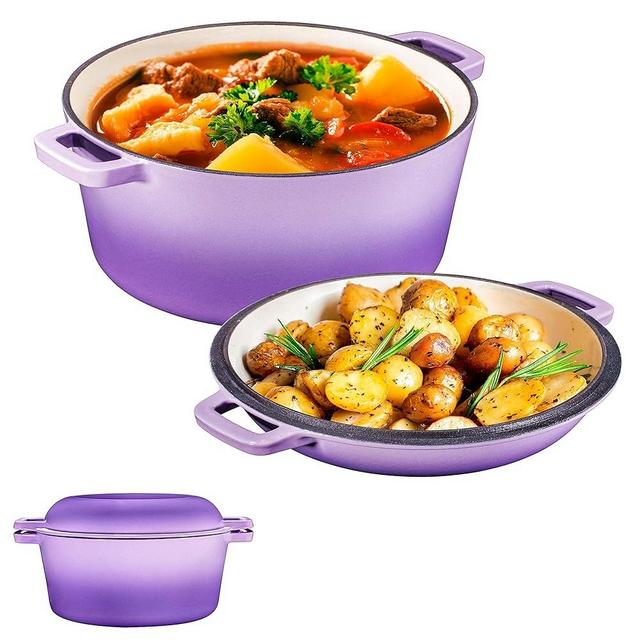 Bruntmor 2 in 1 Purple Enameled Cast Iron Induction Cookware | Double Dutch Oven & Cast Iron Skillets, | 5 QT Dutch Oven, Compatible With Induction, Electric, Gas, Stovetop & In Oven