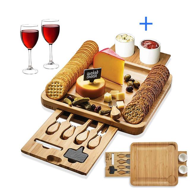 Bamboo Cheese Board Wooden Two Ceramic Bowls Two Magnet Drawers Serving Platter Cutlery Server Knife Set and Slate Labels and Markers Gift Idea for Birthdays, Wedding Registry, Housewarming