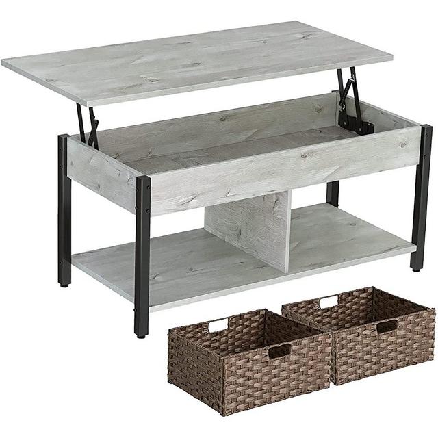 Rolanstar Lift Top Coffee Table with Storage and Rattan Baskets, Rustic Wood Raisable Top Central Table for Living Room, Hidden Compartment Shelf Tabletop and Metal Frame, Grey