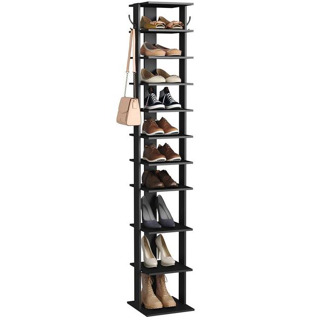 HOMEFORT 10-Tier Vertical Shoe Rack, Corner Shoe Tower, Slim Shoe Organizer with Two Hanging Hooks, Wooden Shoe Storage Stand for Entryway, Hallway, Closet (Black)