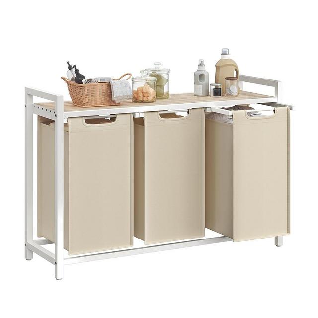 VASAGLE Laundry Hamper, Laundry Basket Sorter with 3 Pull-Out and Removable Bags, Shelf, Metal Frame, 3 x 10.6 Gallons (40 L), 36.4 x 13 x 28.4 Inches, Cappuccino Beige and Natural Beige UBLH301LH01