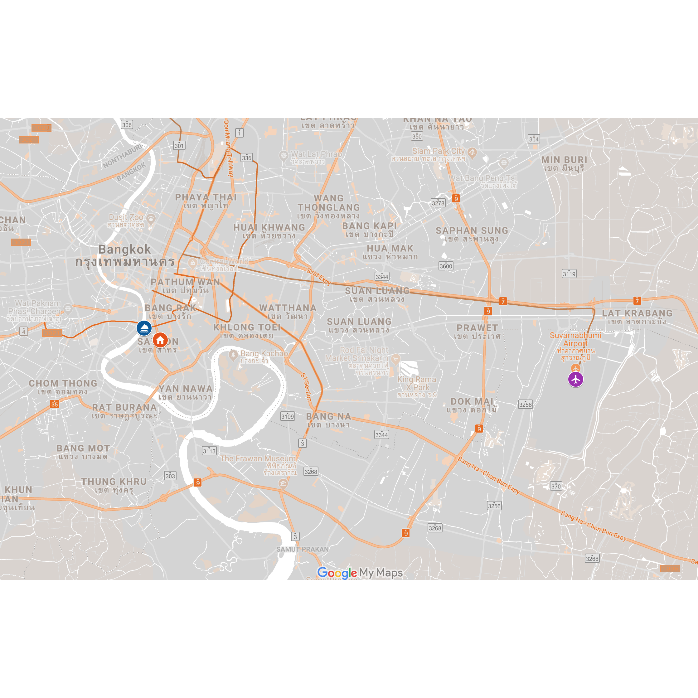 Airport: Suvarnabhumi (BKK)

Ralph and Det's AirBnB: FAB House Bangkok

Ceremony and Reception: Sabai Cruise

Boarding Pier: Wat Yannawa Pier

Closest BTS: Saphan Taksin Station
