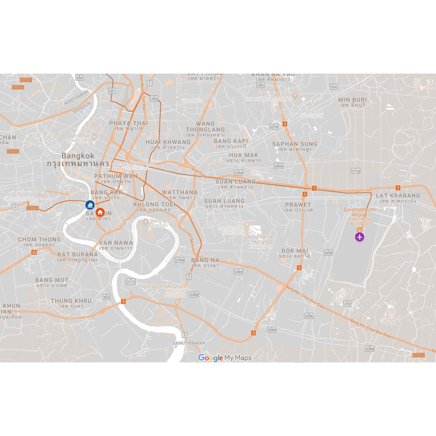 Airport: Suvarnabhumi (BKK)
Ralph and Det's AirBnB: FAB House Bangkok
Ceremony and Reception: Sabai Cruise
Boarding Pier: Wat Yannawa Pier
Closest BTS: Saphan Taksin Station