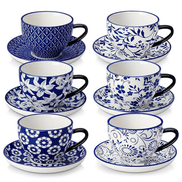 vancasso 8OZ Cappuccino Cups with Saucers, Porcelain Espresso Cups Set of 6 for Latte,Vintage Blue Coffee Cups,Tea Cup Set for Specialty Coffee Drinks, Gift, Series SELENE