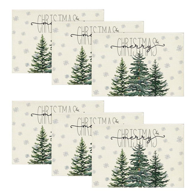 Artoid Mode Beige Pine Tree Snowflake Merry Christmas Placemats Set of 6, 12x18 Inch Seasonal Winter Xmas Holiday Table Mats for Party Kitchen Dining Decoration