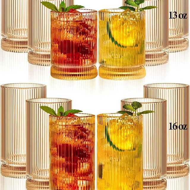 megarte Ribbed Glassware Vintage Drinking Glasses 12Pcs Set （6 Highball Glasses 16Oz And 6 Rocks Glasses 13Oz） Amber Ribbed Glass Cups For Iced Coffee, Cocktails, Juice, Beer, Everyday Drinking