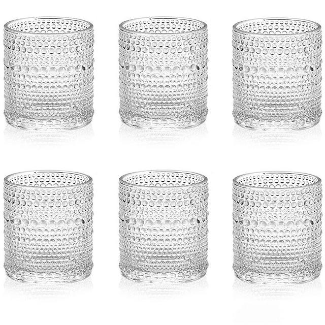 cosnou Mini Rock Glasses, 6.5 oz（200ml） Hobnail Drinking Glasses Set 6, Embossed Vintage Glassware Set for Beer, Cocktail, Soda, Beverage Clear