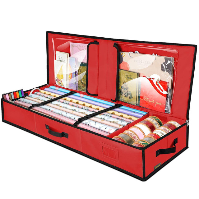 HOMLUX 40" Christmas Wrapping Paper Storage Bag with Flexible Partitions & Pockets,Red