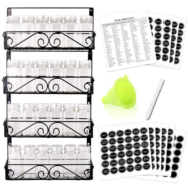 SWOMMOLY Spice Rack with 24 Spice Jars, 396 Spice Labels, Chalk Marker and Funnel Complete Set, 4 Wall Mount Stackable Foldable Spice Racks Organizer