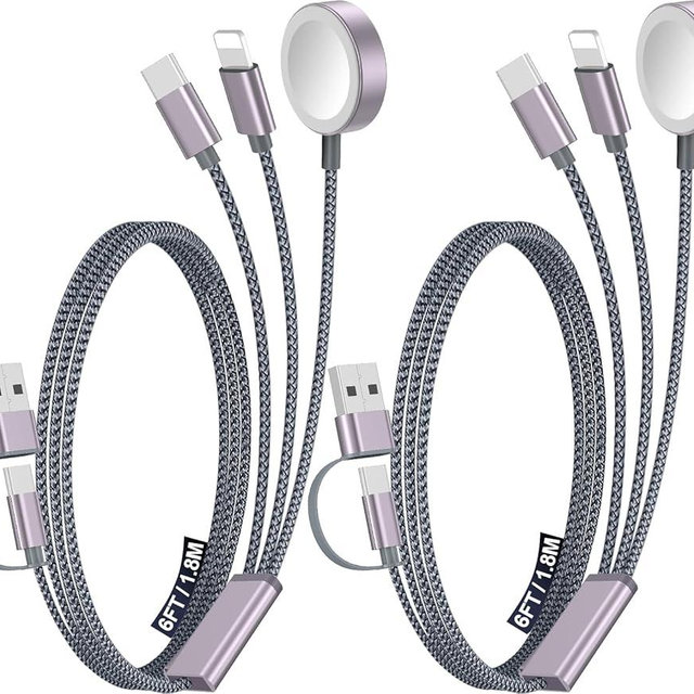 2Pack Multi Charging Cable Cord for Travel Essentials,Apple Watch Charger,iPhone Charger,[3-in-2] Type C/Lightning Cable Portable Designed for iWatch,iPhone 17-8,Galaxy S25-21,AirPods,iPad-1.8M Gray