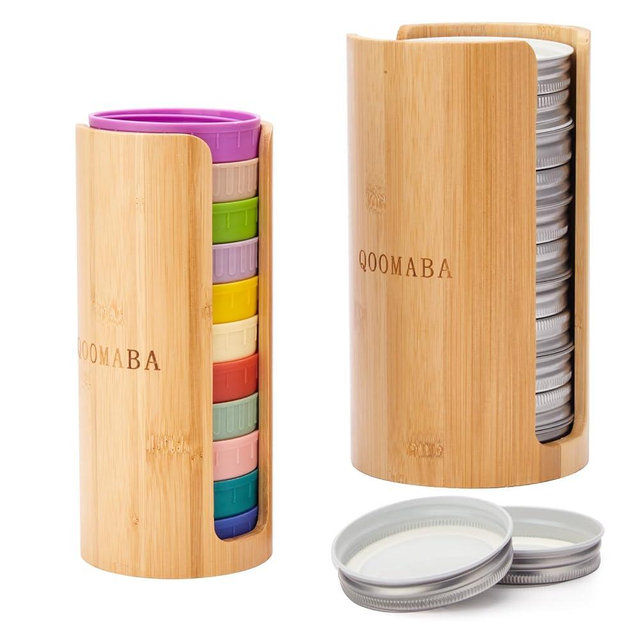 QOOMABA Mason Jar Lid Organizer (2pcs), Mason Jar Lid Storage Made of Bamboo, Suitable for Mason/Canning/Bamboo Lids(WIDE/REGULAR), Fit Perfectly, Stackable Steady