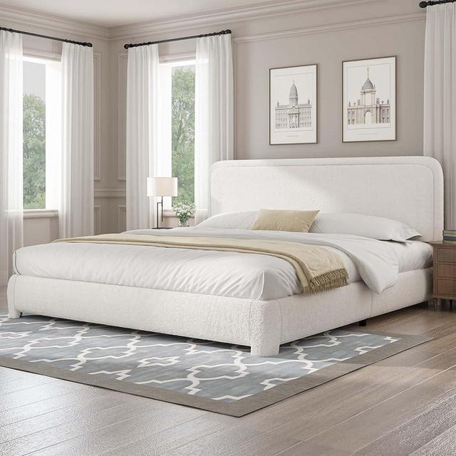 King Bed Frame and Headboard, Boucle Upholstered Platform Bed Frame, Modern Style, Soft Rounded Corners, No Box Spring Required, Easy Assembly, Cream