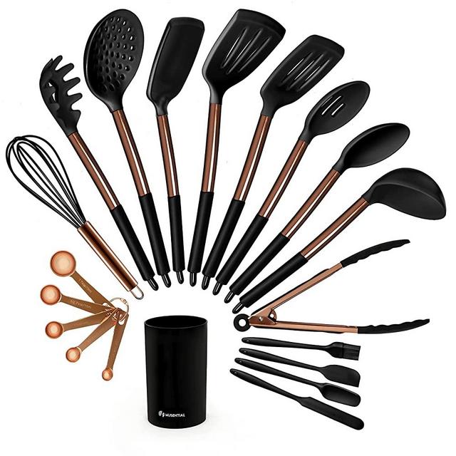 MUSENTIAL 20-Piece Silicone Kitchen Utensil Set with Holder, BPA-Free Silicone and Copper Stainless Steel Handle, Non-Stick and Heat Resistant Cooking Spatula Utensil Set (Black/Copper)